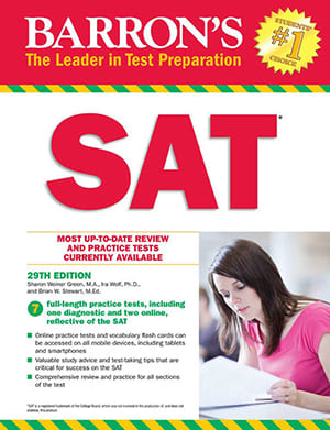 "Image displaying the cover of the Barron's SAT prep book, featuring essential study materials for someone preparing for the SATs. The cover showcases key information such as the title, branding, and possibly relevant graphics, providing a visual preview of the comprehensive content inside for effective exam readiness."