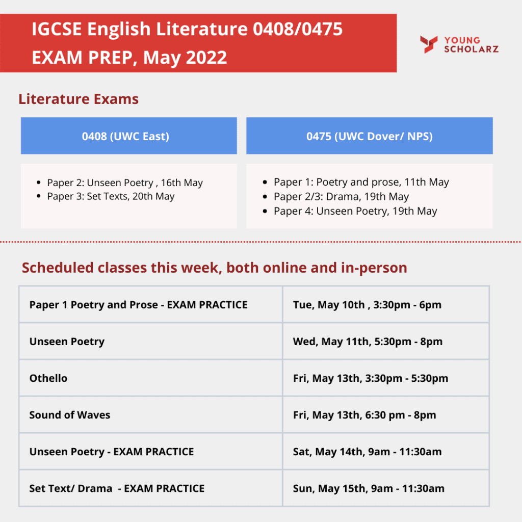 Image: Group Class Schedule for English Literature 0408 and 0475 for IGCSE students requiring extra tuitions and support. Conducted by an excellent English tutor. 