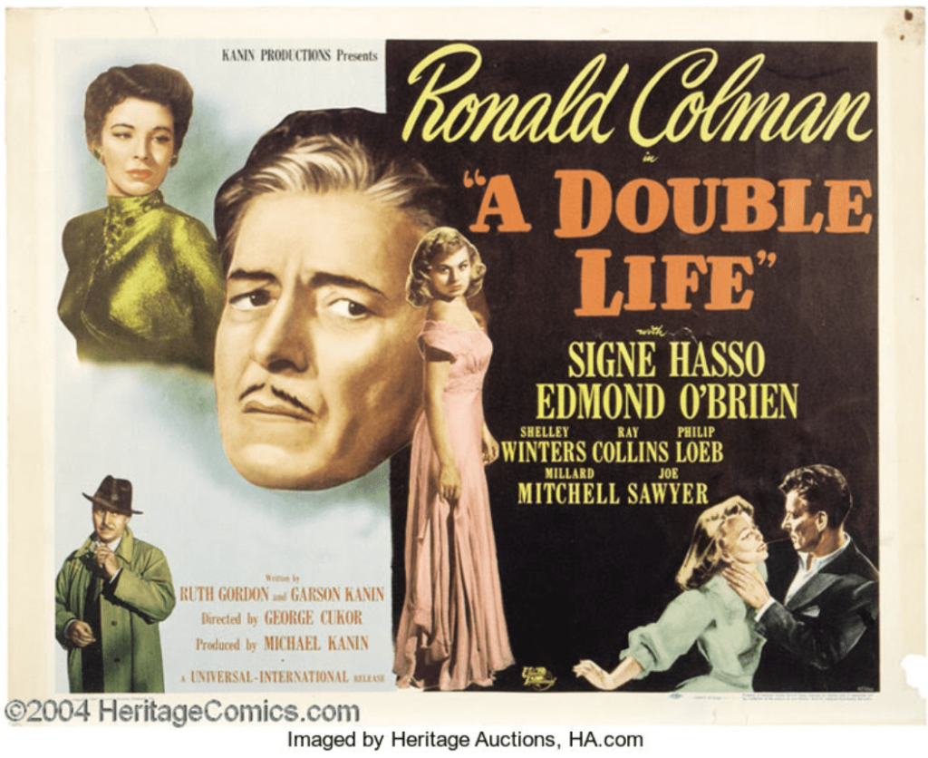 Image: Poster for the movie, a double life, by Ronald Colman. This is an adaptation of a Shakespeare text