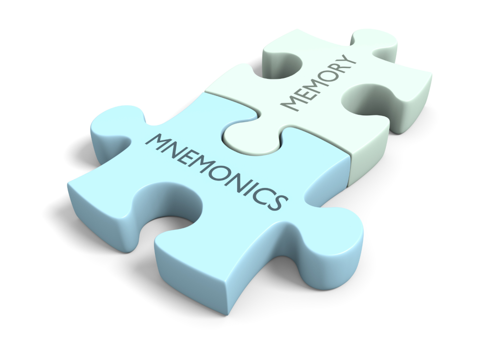 "Visual metaphor of two puzzle pieces discussing mnemonics and memory, symbolizing the interconnected relationship between mnemonic techniques and memory enhancement."