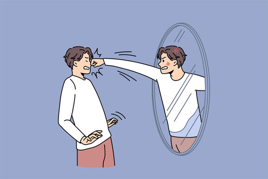 Image: a mirror image punching the actual person to show that we need to challenge our own opinions. This is a tip for students studying the IB DP ToK essay.